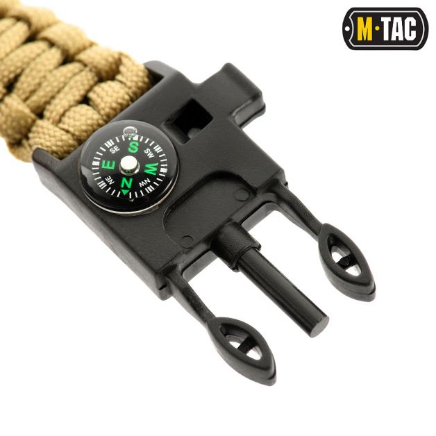 M-Tac браслет паракорд с искровысекателем, компасом и свистком Tan